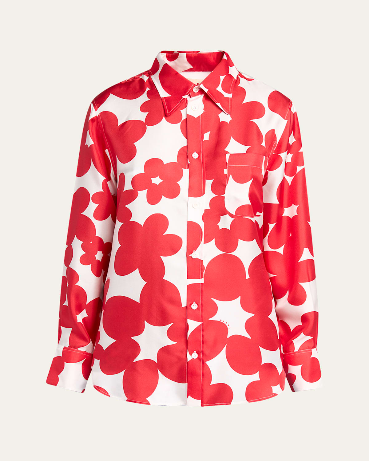 Marni Flower Print Classic Button Down Silk Top In Crimson