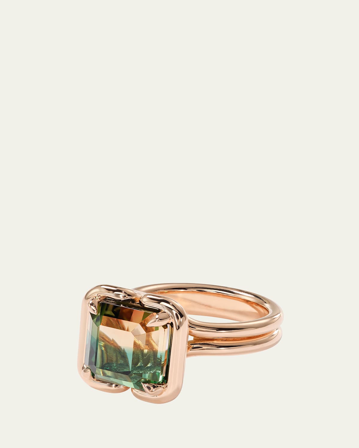 20K Rose Gold Buttress Emerald-Cut Bicolor Tourmaline Solitaire Ring, Size 7