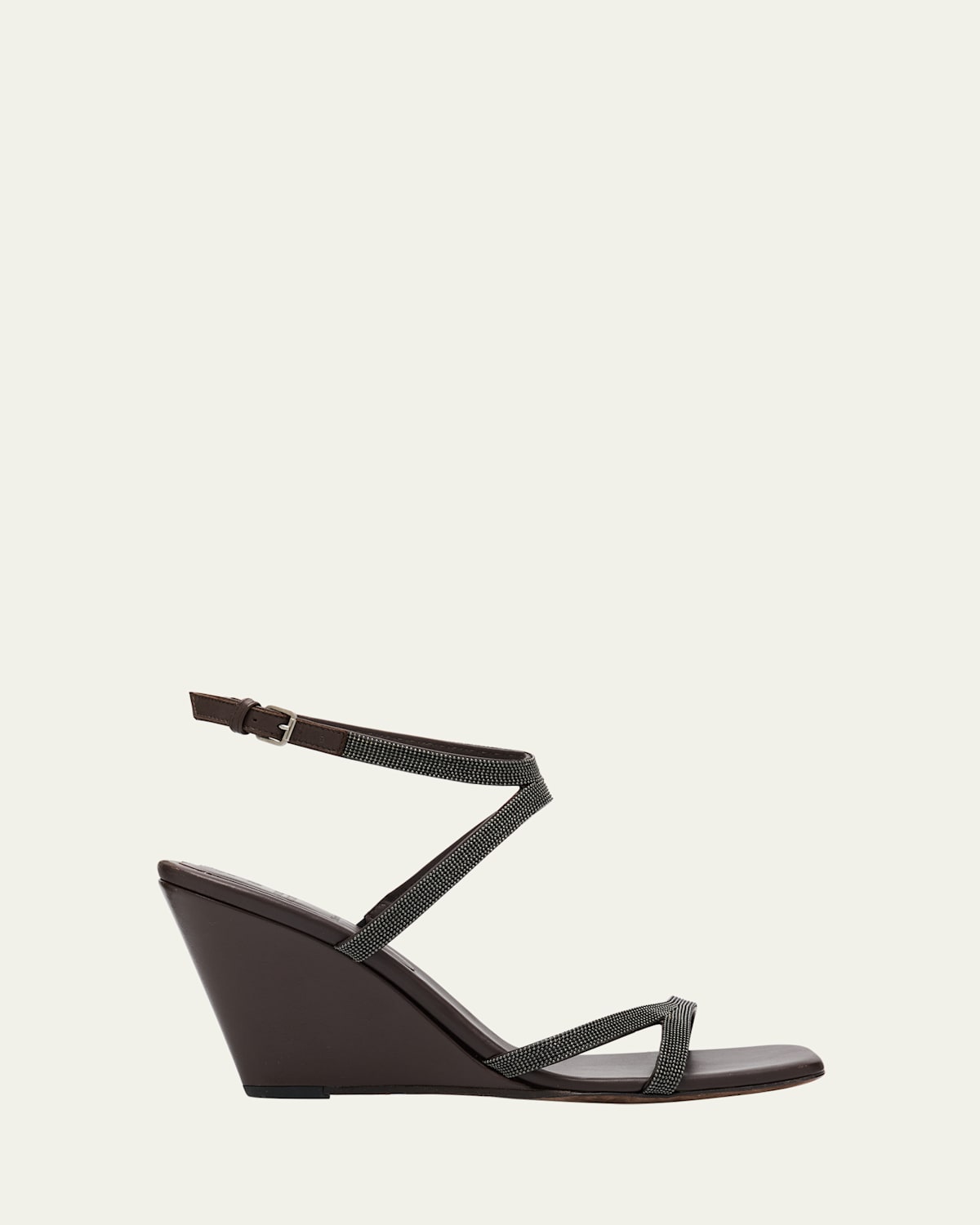 Brunello Cucinelli Bead-embellished Leather Wedge Sandals In Dark Brown