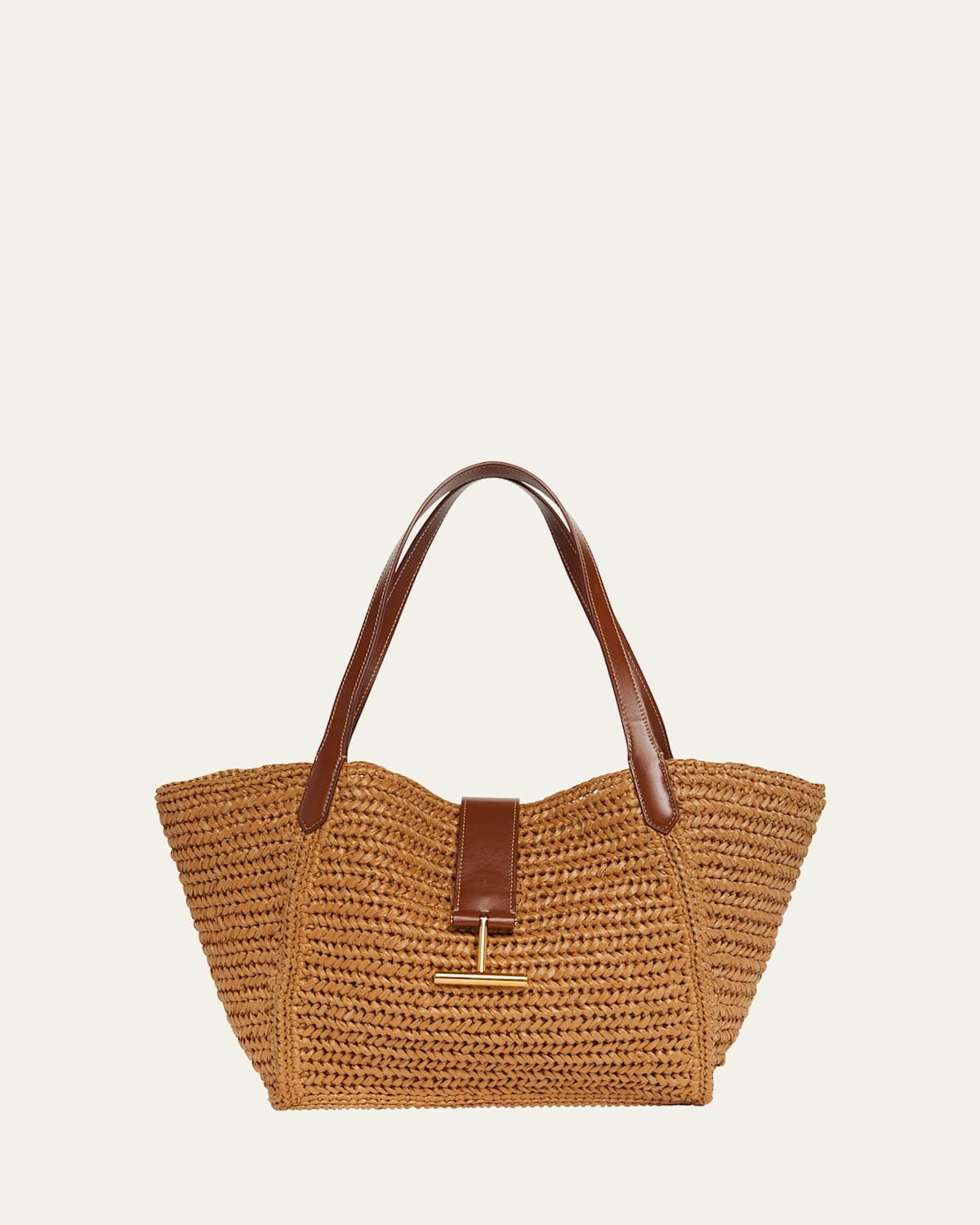 Tom Ford Tara Medium Tote Bag In Raffia Viscose And Leather In Vanilla Cuoio
