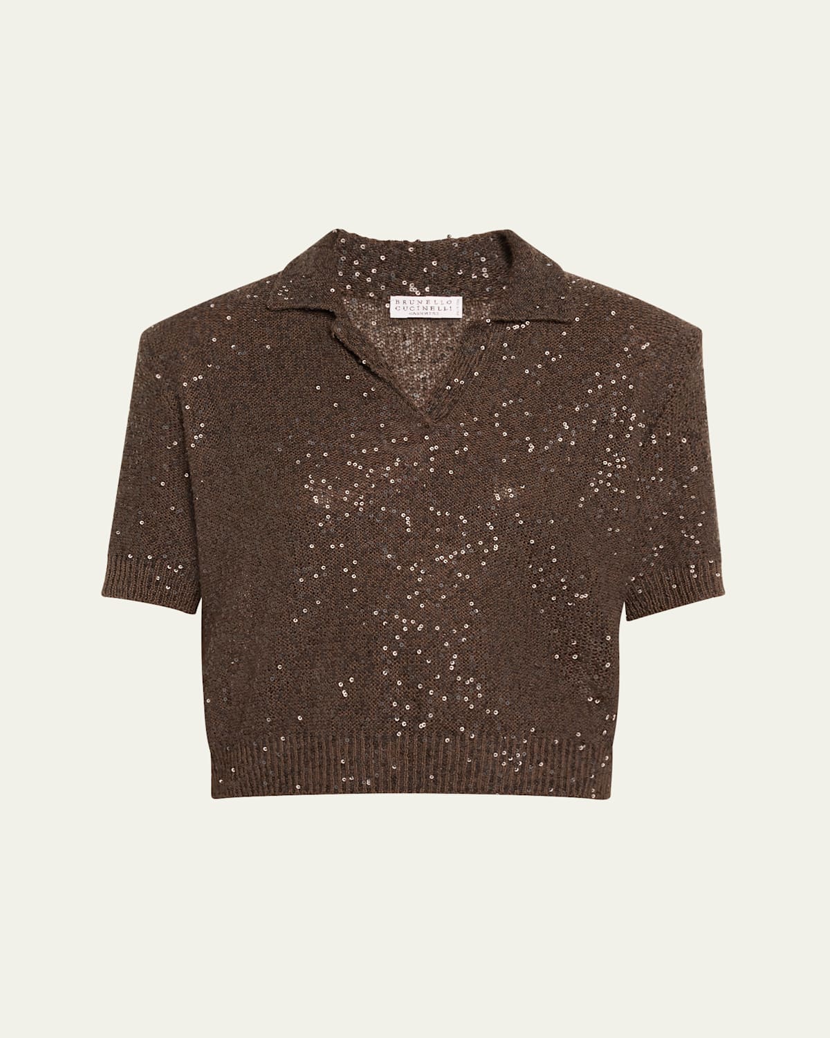 Brunello Cucinelli Sequined Cashmere Cropped Polo Sweater In Chocolate