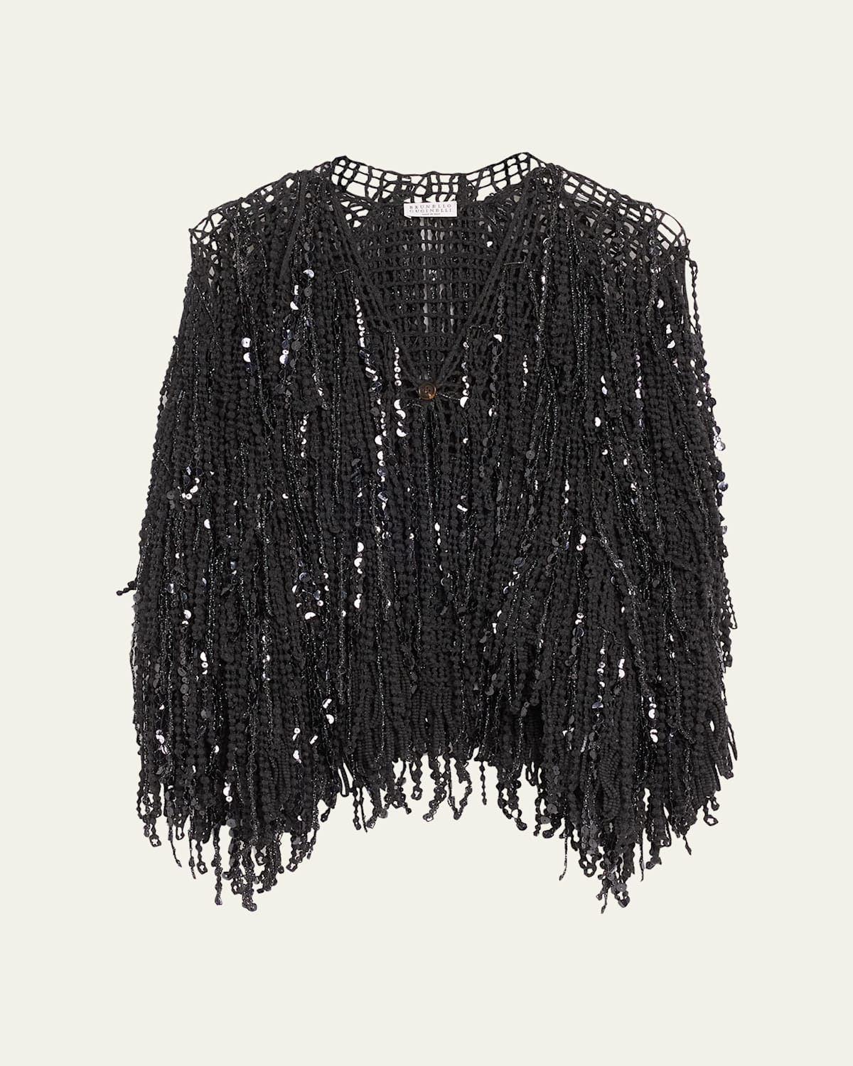 Brunello Cucinelli Paillette Fringe Embroidered Single-button Cardigan In Lead