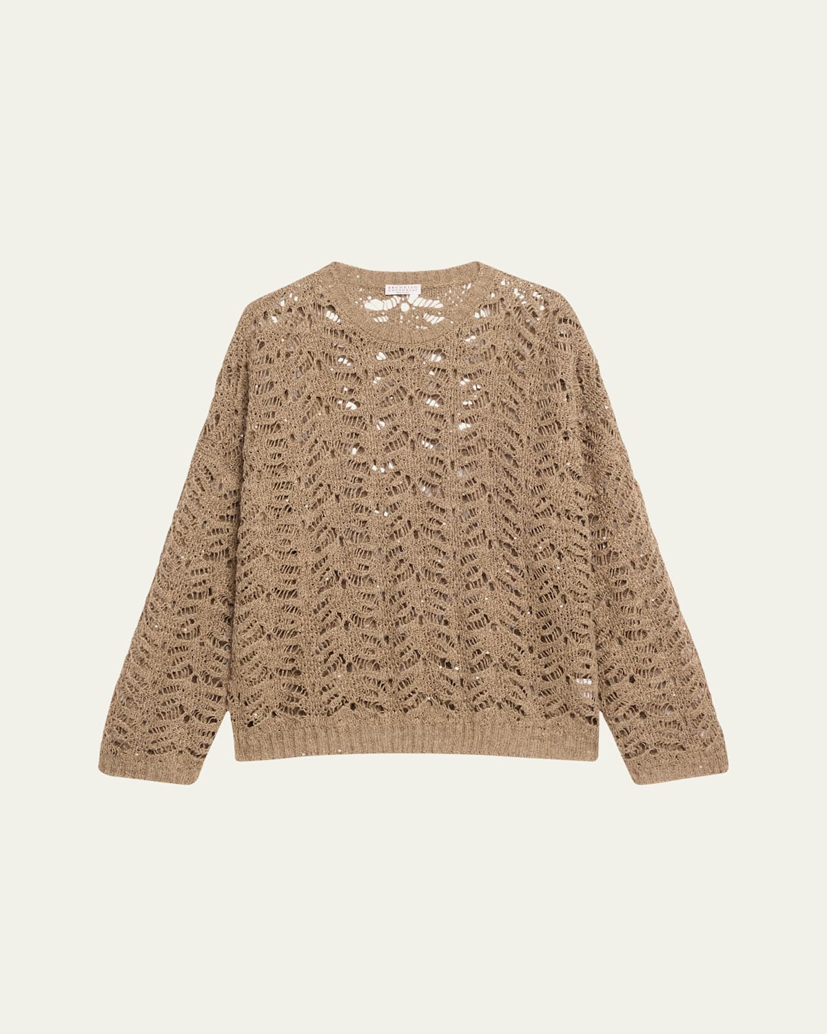 Brunello Cucinelli Paillette Lace Knit Crewneck Sweater In Chocolate
