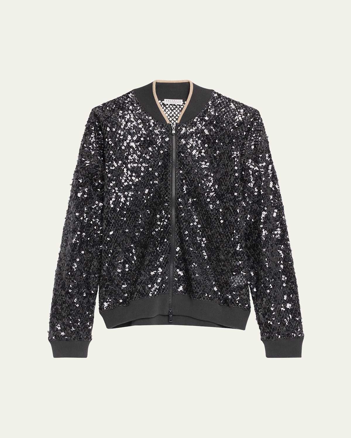 Brunello Cucinelli Paillette Net Knit Zip Bomber Cardigan In Navy