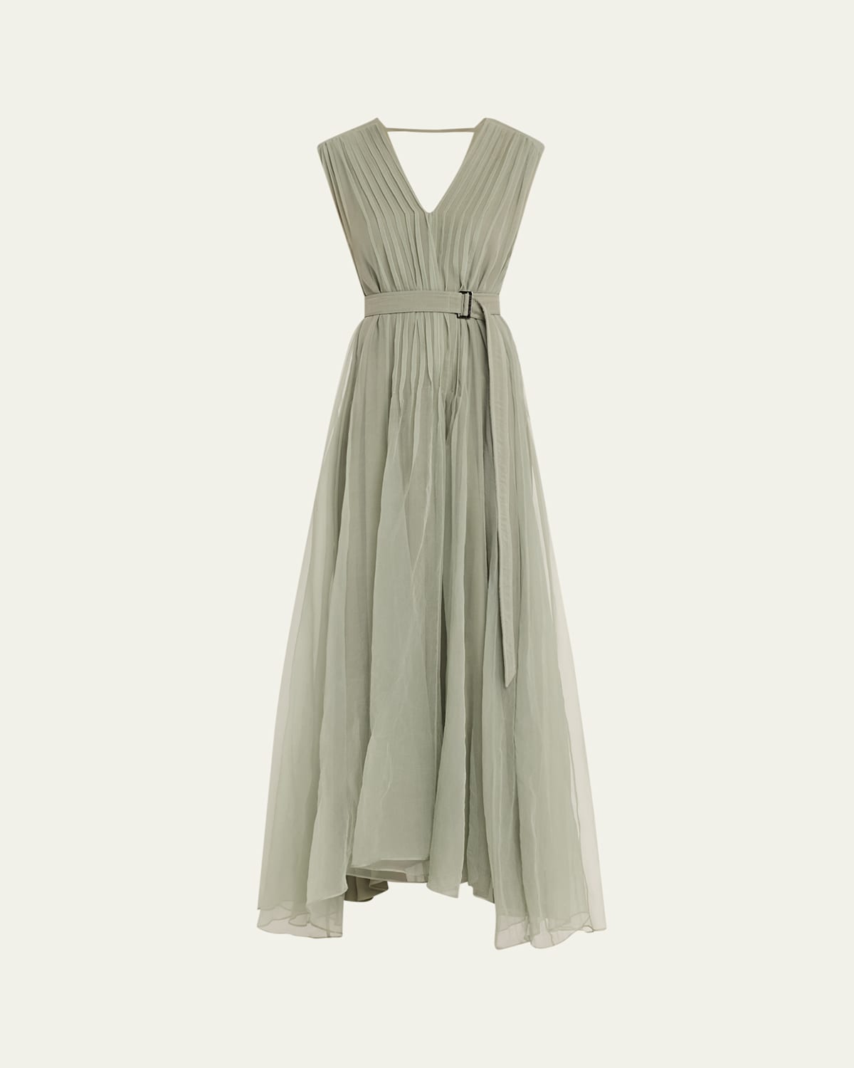 Brunello Cucinelli Crispy Silk Organza Belted Volume Dress In Matcha