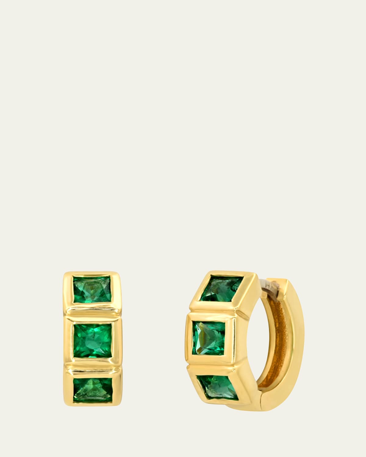 14K Yellow Gold 3-Emerald Framed Huggie Earrings