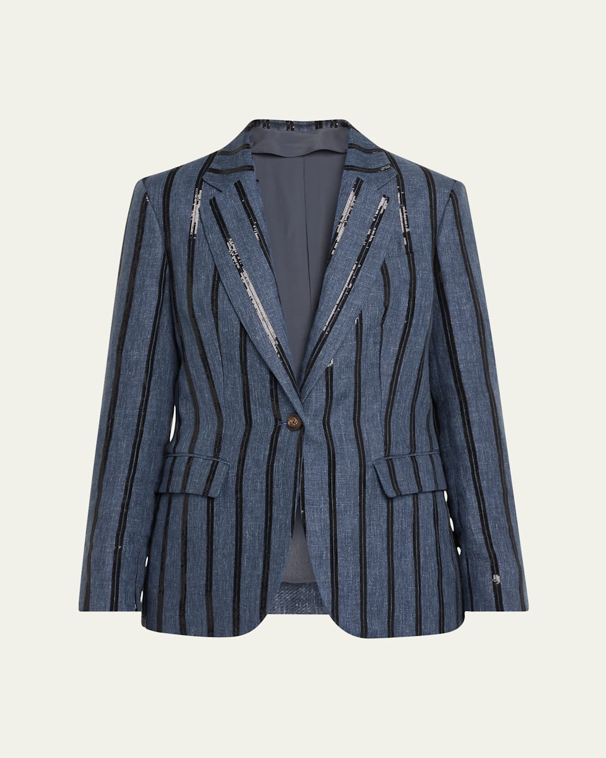 Brunello Cucinelli Paillette Striped Denim-effect Linen Single-breasted Blazer In Denim Blue