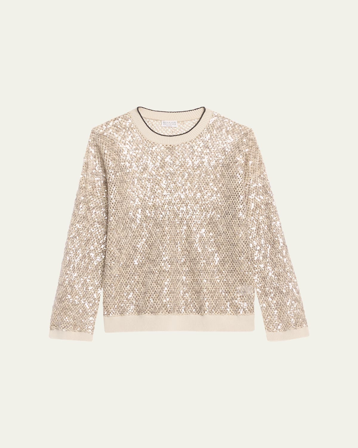 Brunello Cucinelli Linen-silk Paillette Open Knit Crewneck Sweater In Grey