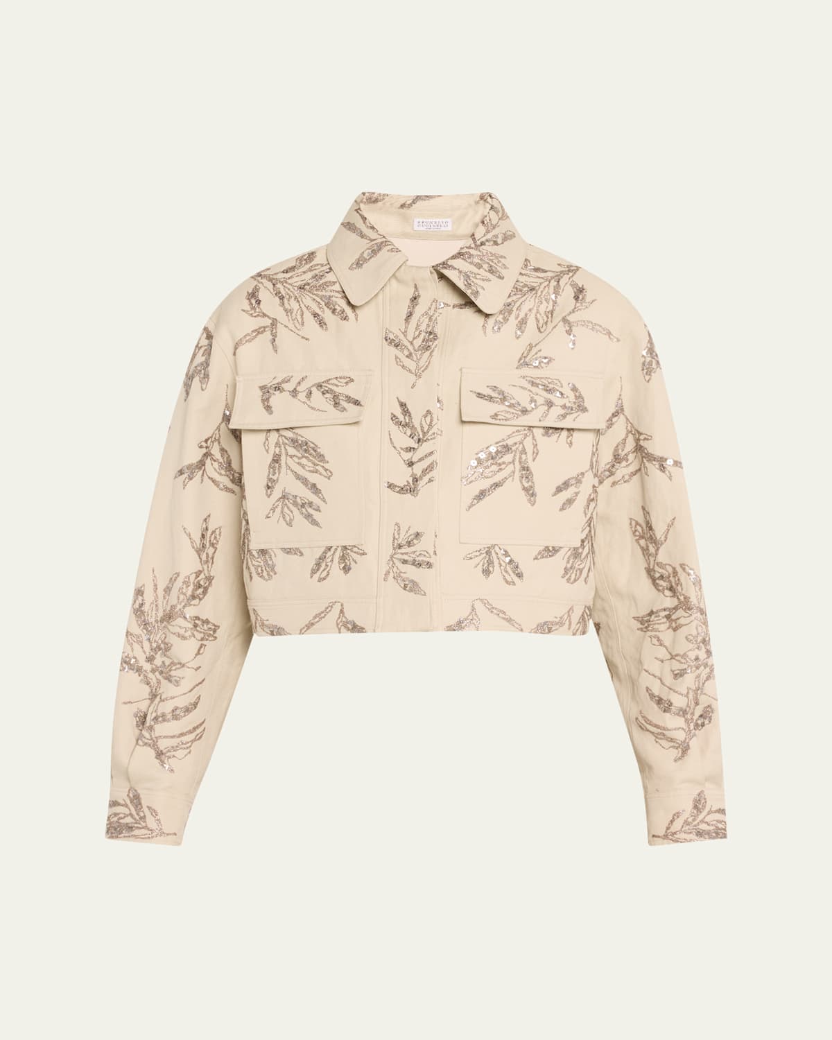 Brunello Cucinelli Herbarium Paillette Embroidered Canvas Crop Shirt Jacket In Beige