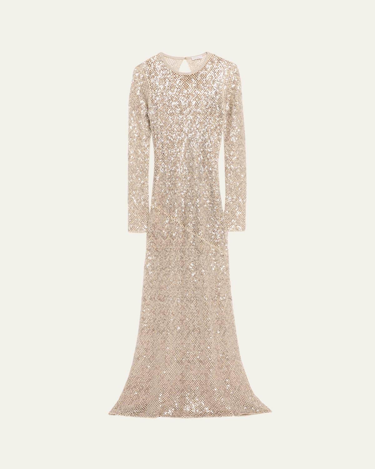 Brunello Cucinelli Paillette Net Knit Long-sleeve Maxi Dress In Beige