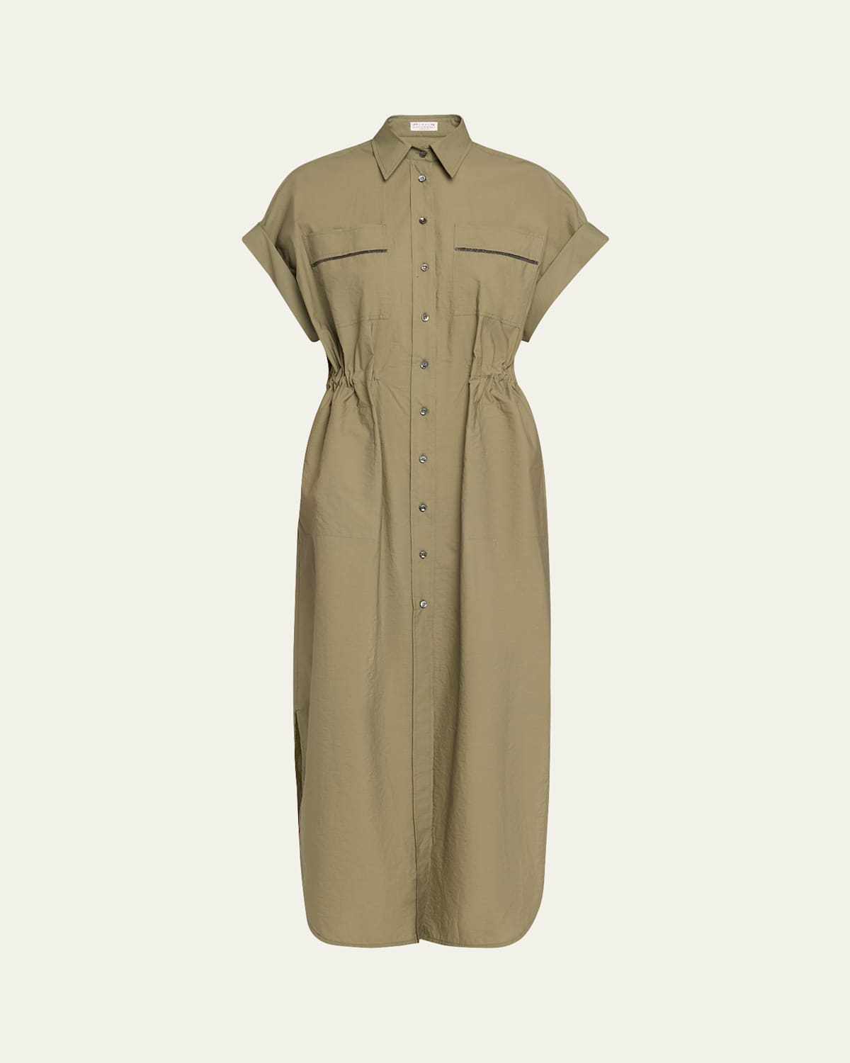 Brunello Cucinelli Monili-trim Short-sleeve Techno Cotton Poplin Midi Shirtdress In Olive