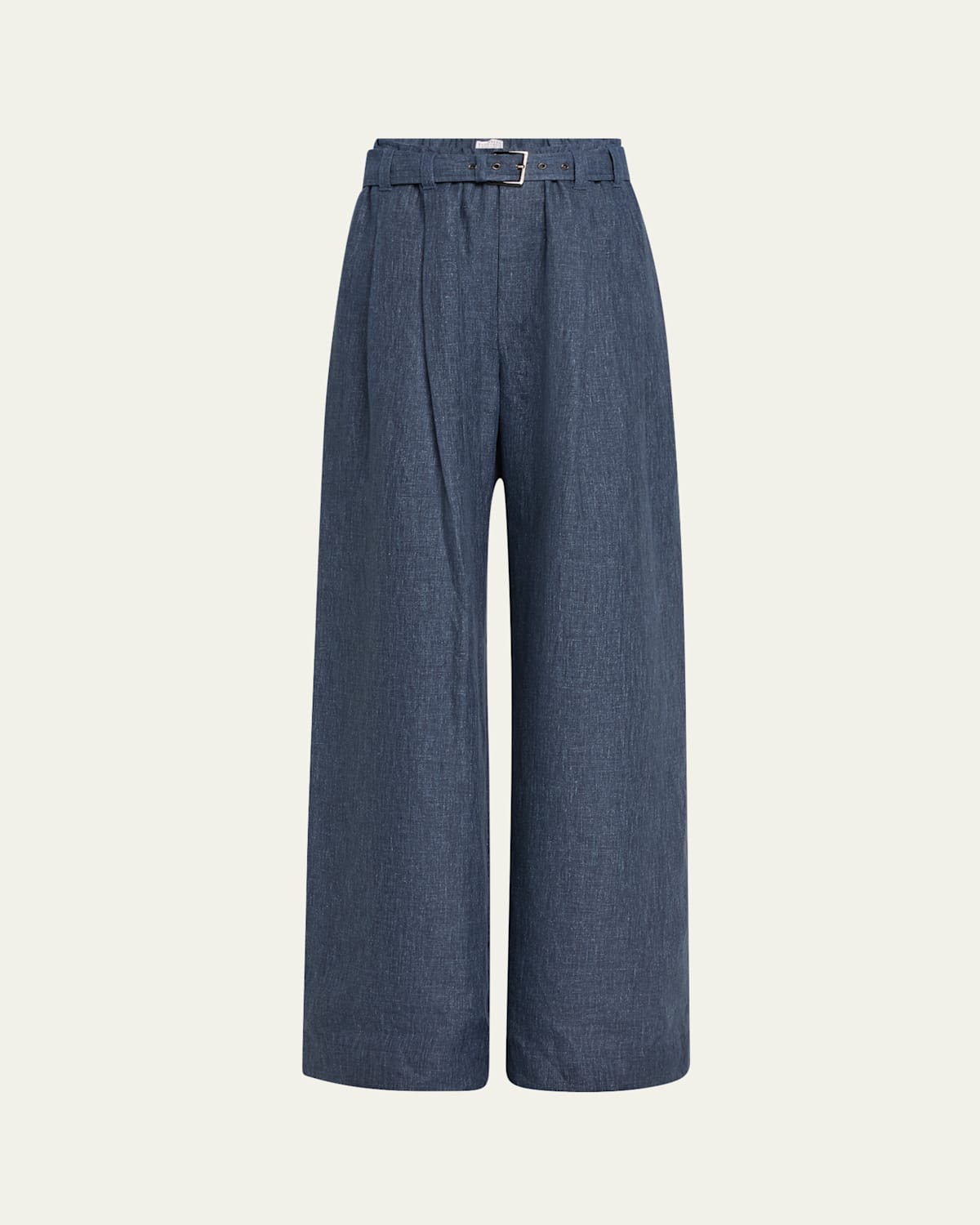 Brunello Cucinelli Denim-effect Linen Wide-leg Track Pants With Monili Belt Loop In Blue