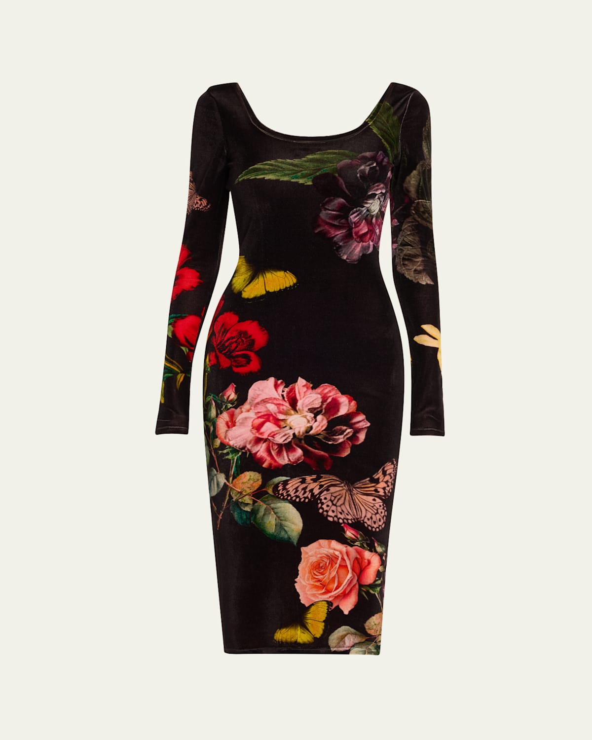 Shop Alice And Olivia In The Wind Floral Delora Scoop-neck Velvet Midi Dress
