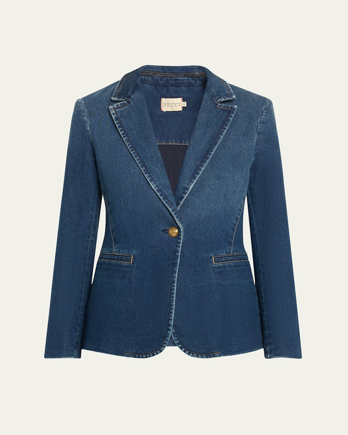 ALICE AND OLIVIA MACEY DENIM NOTCH-COLLAR FITTED BLAZER 