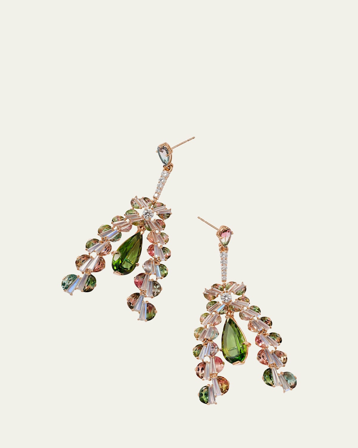 20K Rose Gold Petticoat Diamond, Tourmaline, and Moonstone Earrings