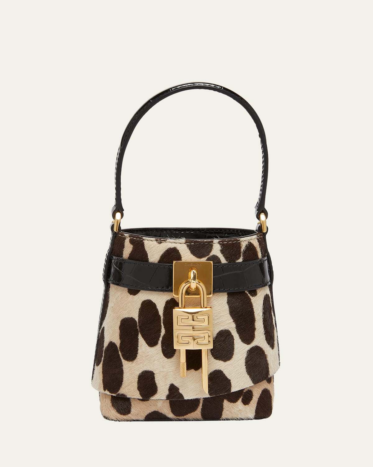Givenchy Womens  Micro Shark Lock Leopard-print Pony-effect Leather Bucket Bag In Black/beige