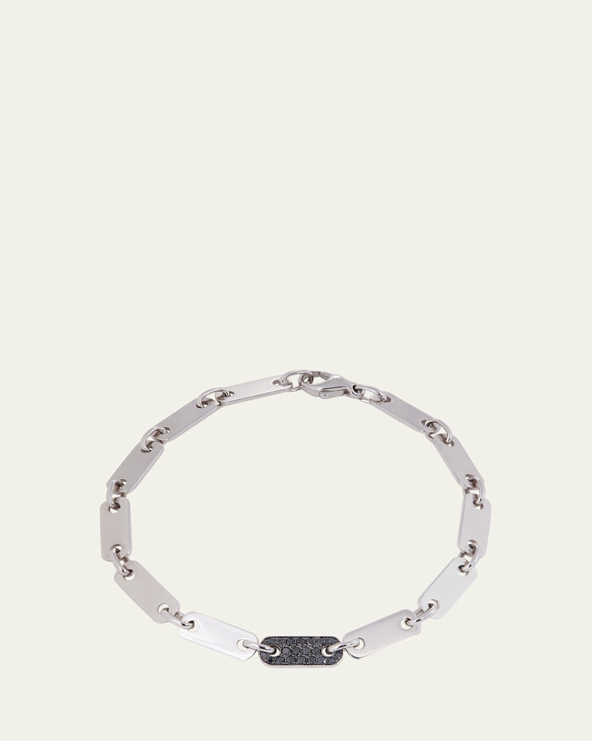Men's 18K White Gold Flat Link Tab Chain Bracelet with Black Diamond Pave