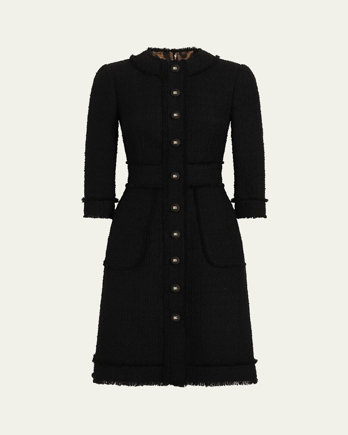 Dolce & Gabbana Button-front 3/4-sleeve Tweed Dress In Black