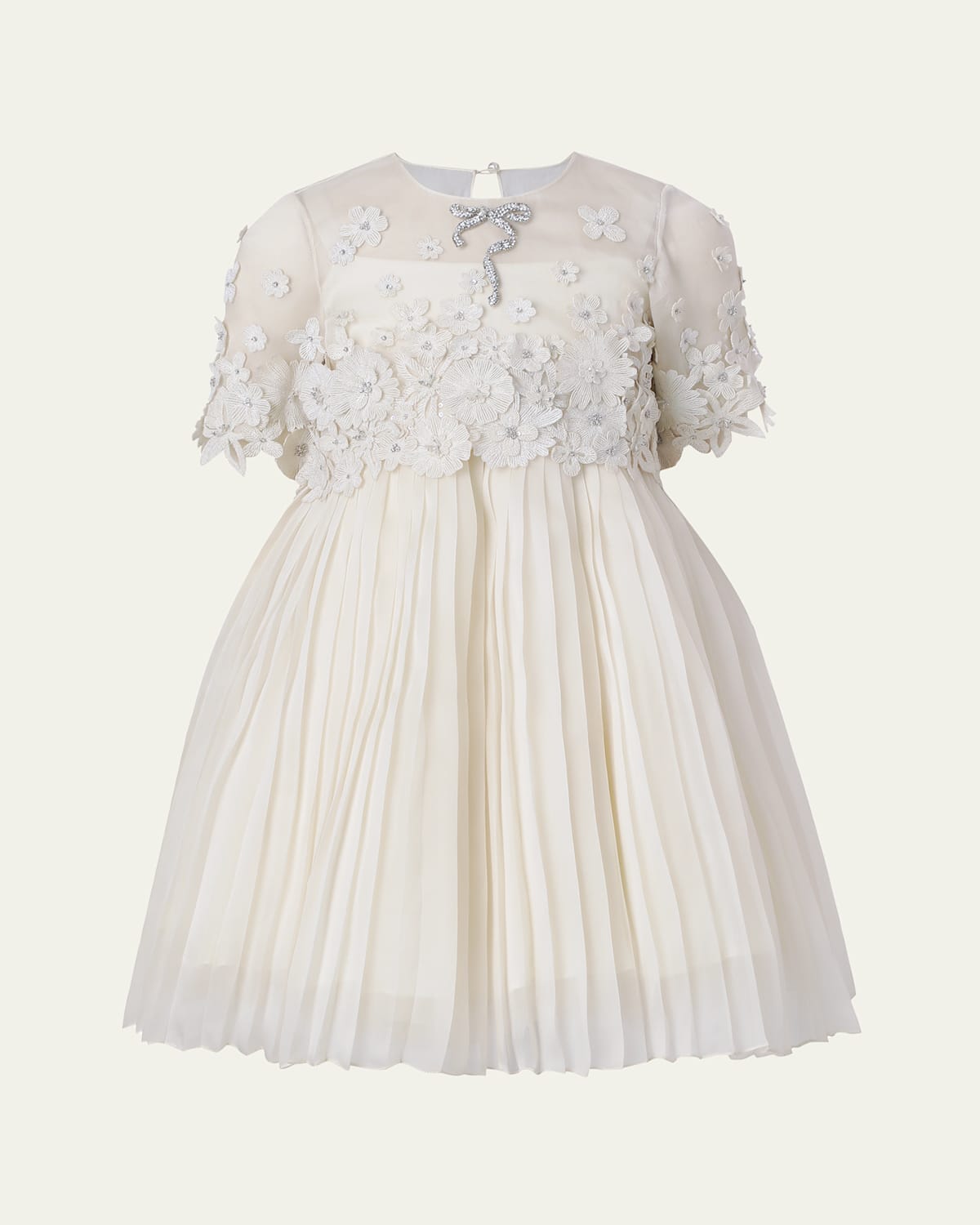 Maison Ava Girl's Leonie Pleated Floral Applique Mini Dress In Ivory
