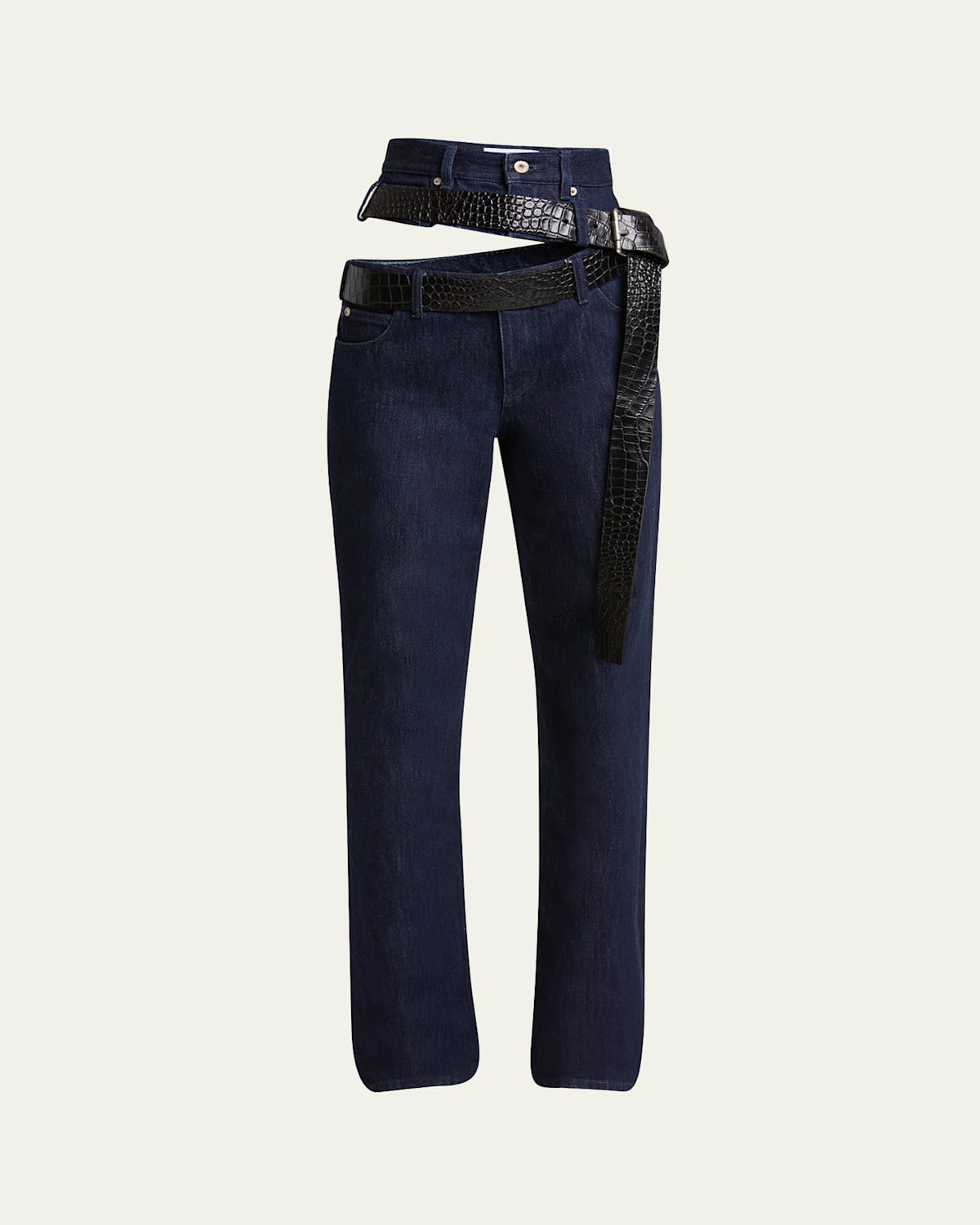 Cutout Leather Belted Jeans