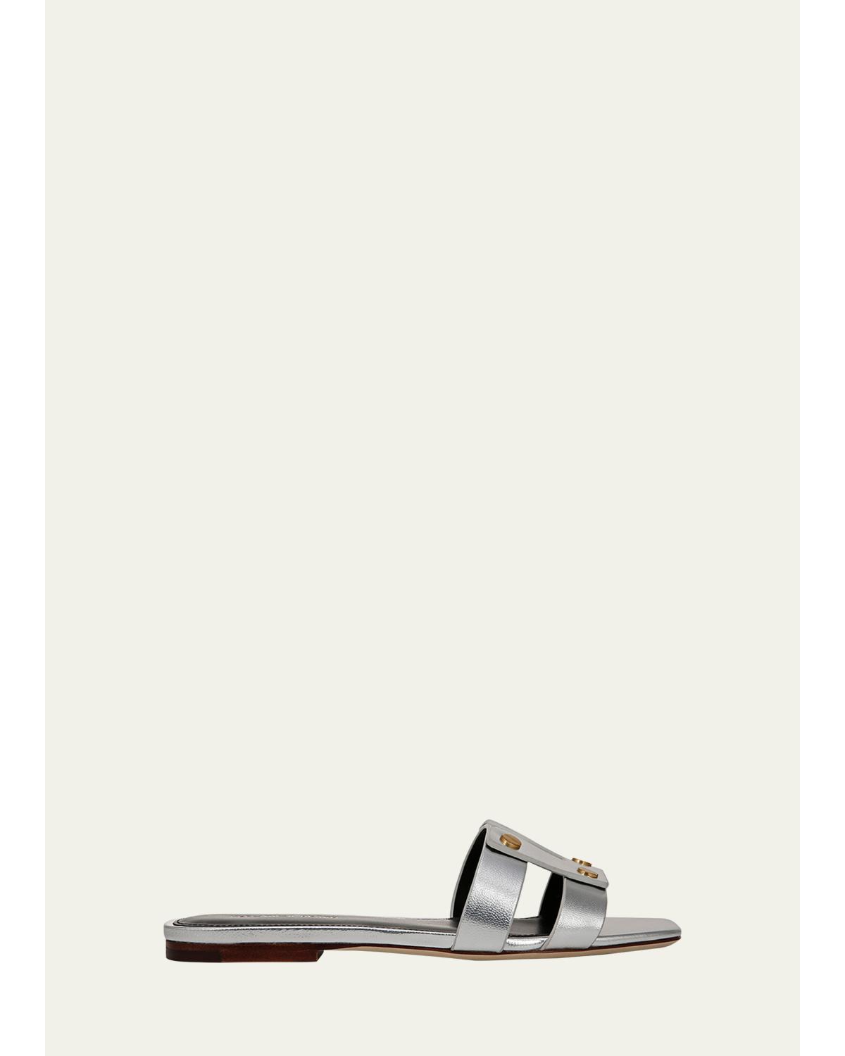 Via Metallic Leather Flat Slide Sandals
