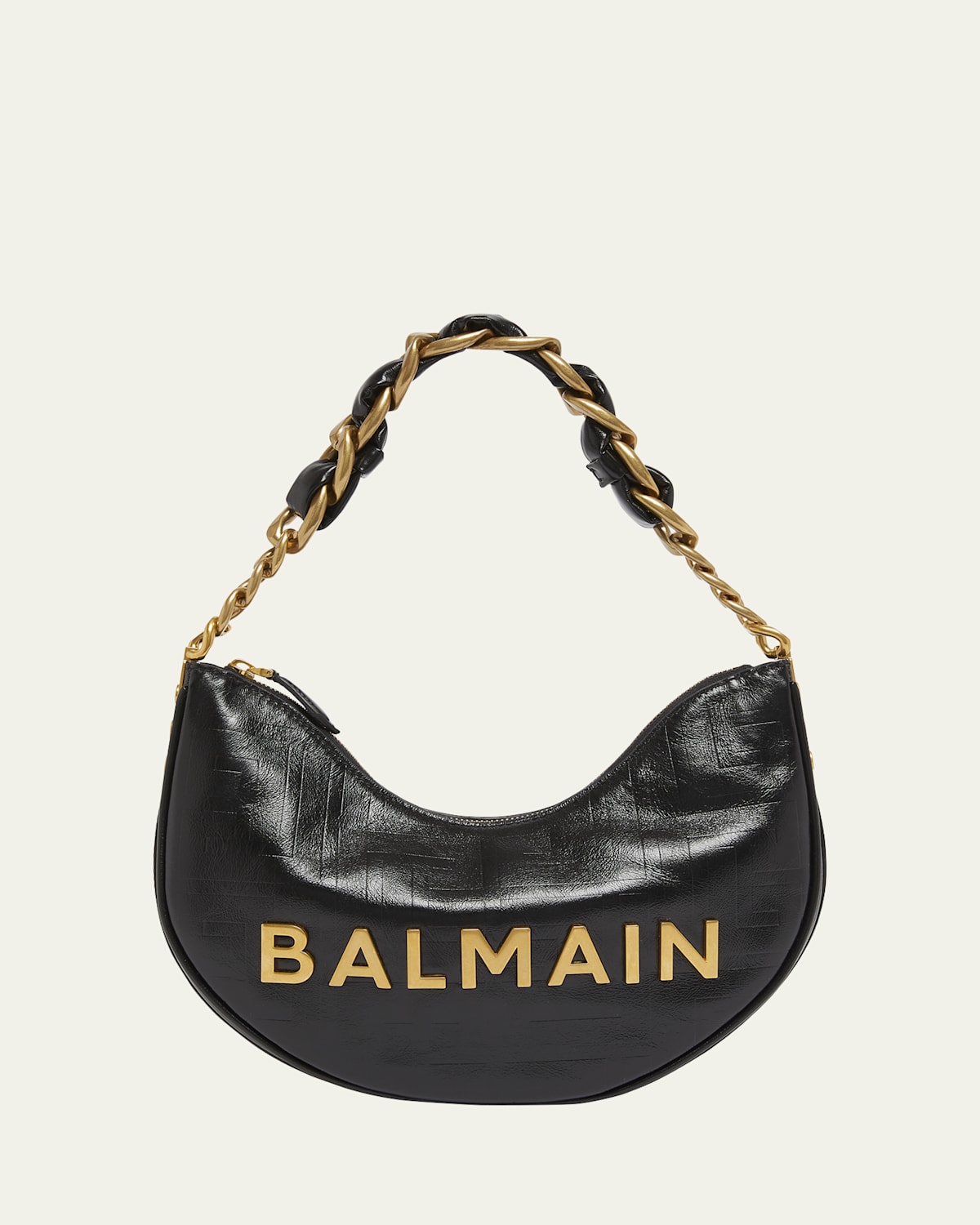 Balmain 1945 Moon Shoulder Bag In Pb Embossed Crinkle Leather In Noir