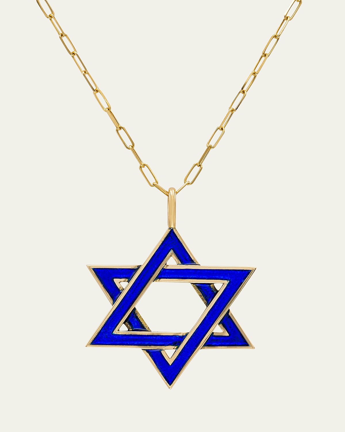 18K Yellow Gold and Blue Enamel Star of David Necklace, 16"L