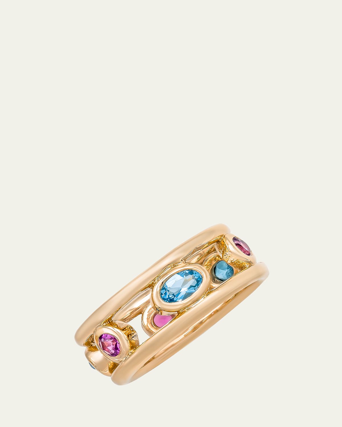 Audrey C. Jewels 14K Yellow Gold Crown Ring with Pink Tourmaline and Blue Topaz