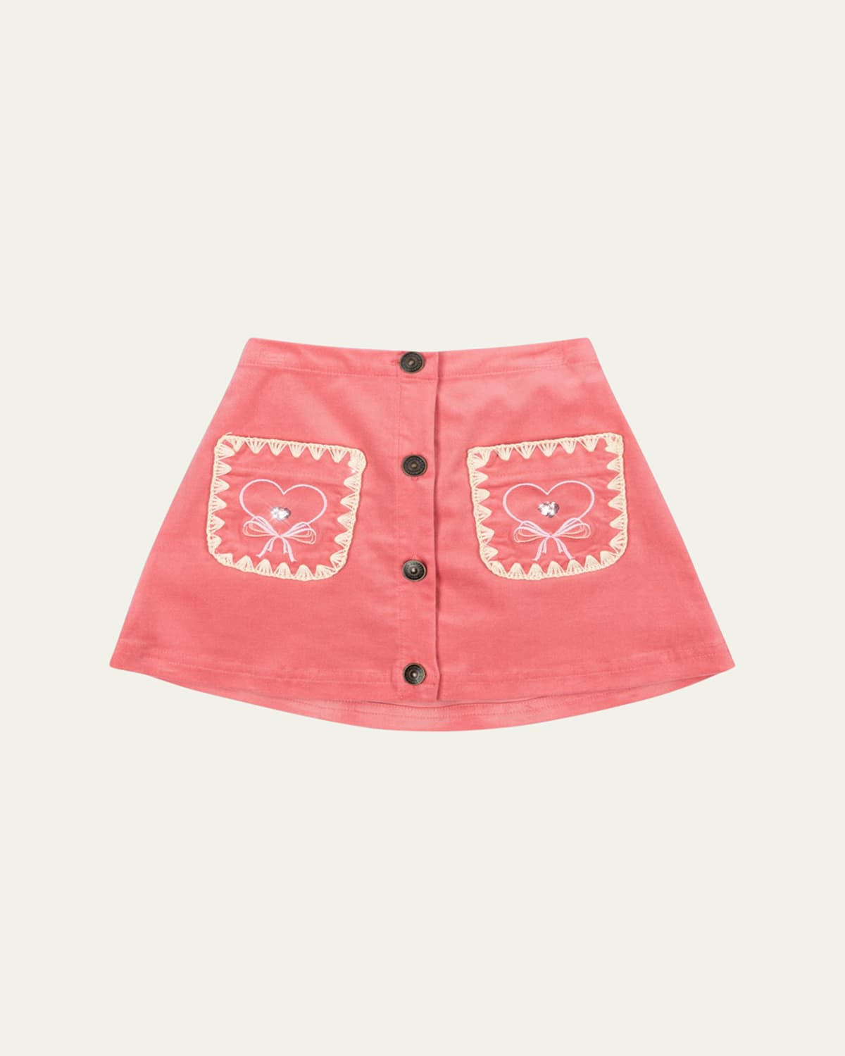 Konges Slojd Girl's Lucky Embroidered-pocket Button-front Skirt In Flamingo Plume
