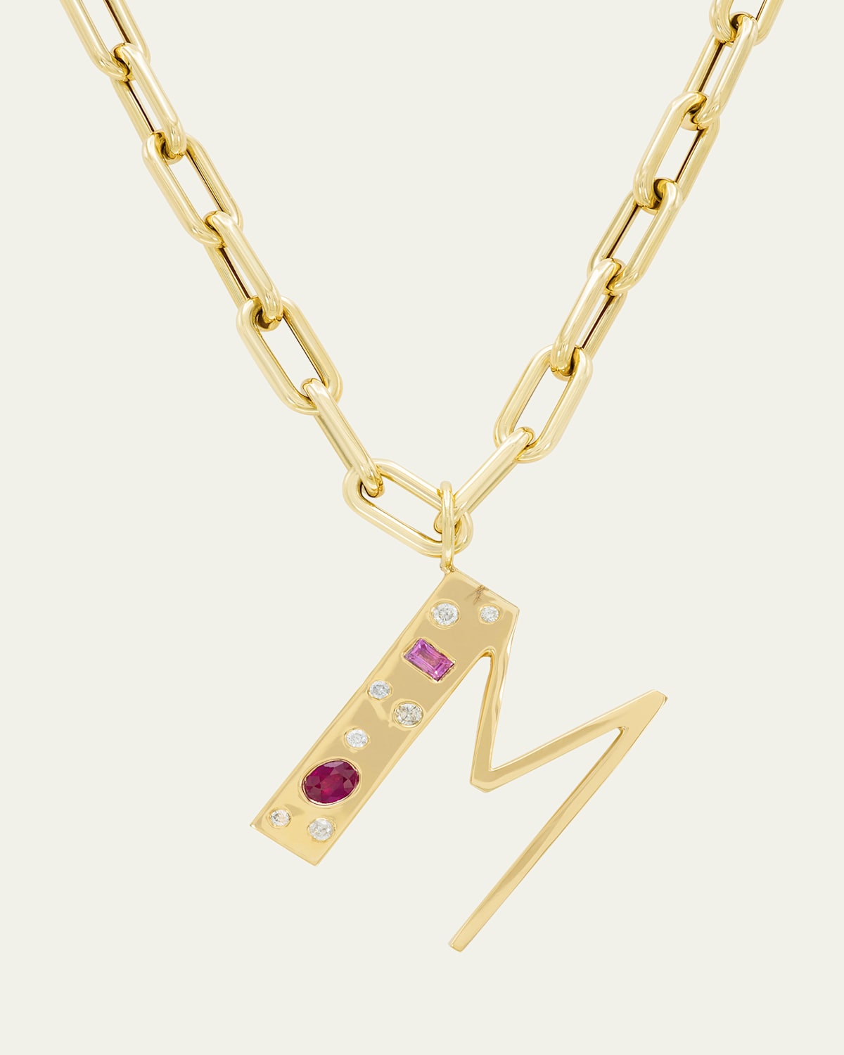 14K Yellow Gold Custom Bespoke Initial Necklace with Diamonds, Ruby, and Pink Sapphire, 18"L