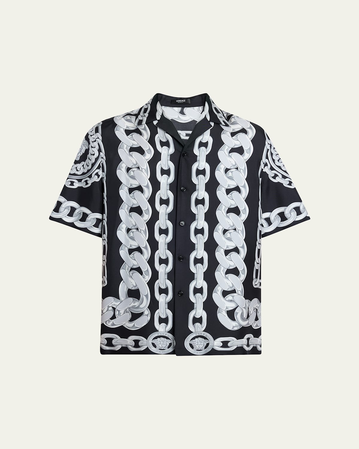 Versace Black And White Bowling Shirt With Cuban Collar And All-over Chain-link Print In Blacksilver