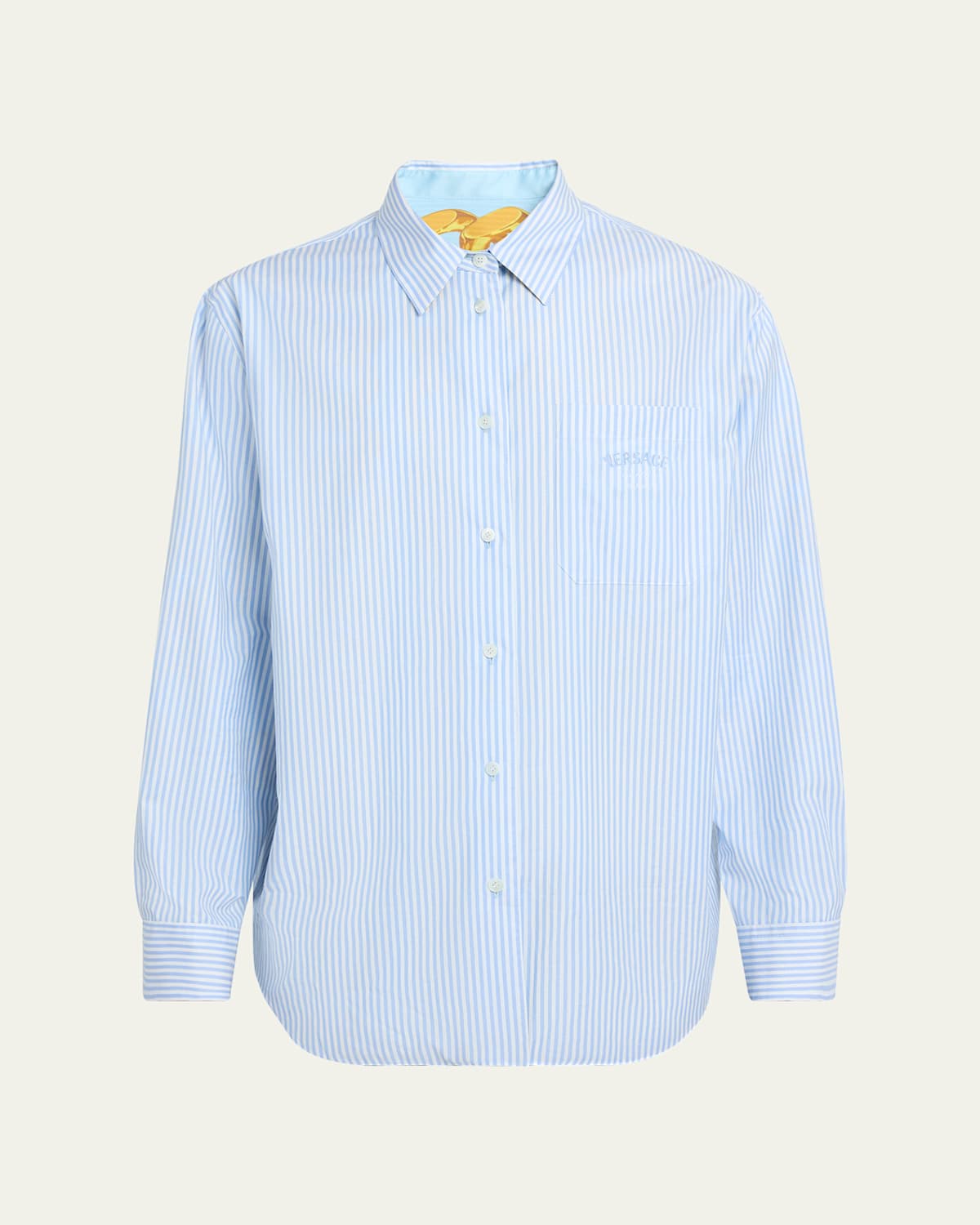 Versace Long-sleeved Striped Buttoned Shirt In 95pastel Blue+gold