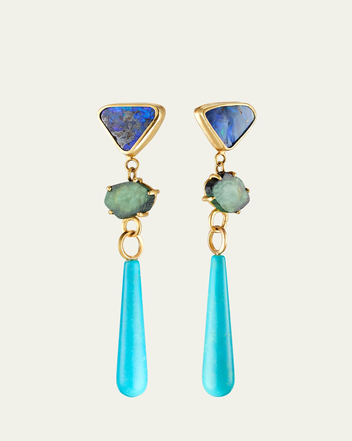 18K Yellow Gold Australian Blue Boulder Opal, Emerald and Turquoise Drop Earrings