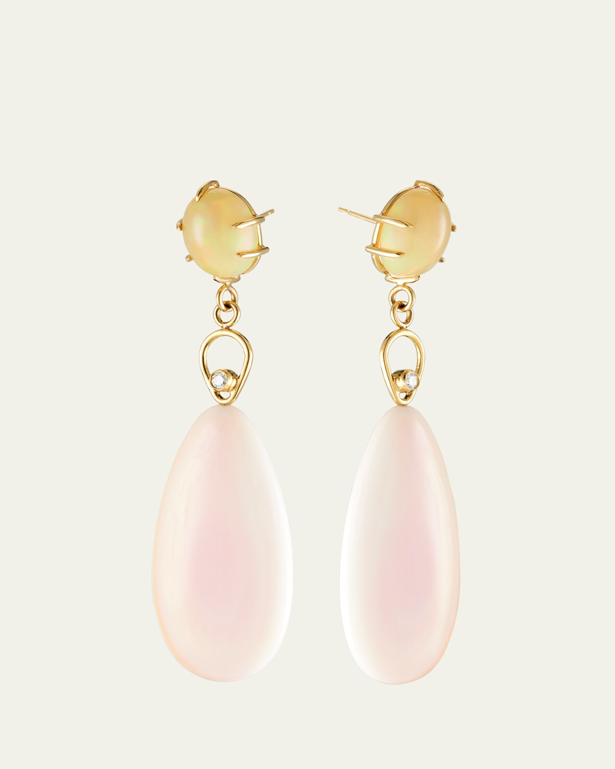 Ethiopian Opal, Diamond, & Pink Conch Drop Earrings in 18K Yellow Gold
