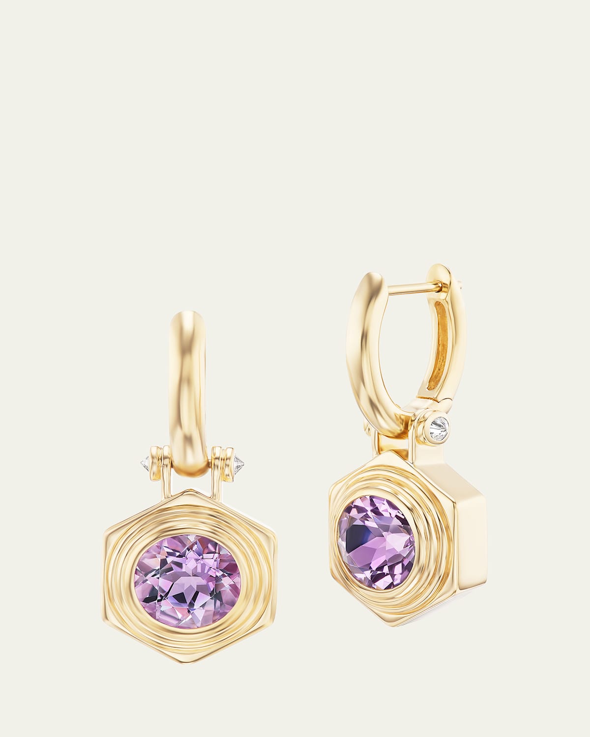 Harwell Godfrey 18K Yellow Gold Hexed Drop Huggie Earrings with Diamonds and Amethyst