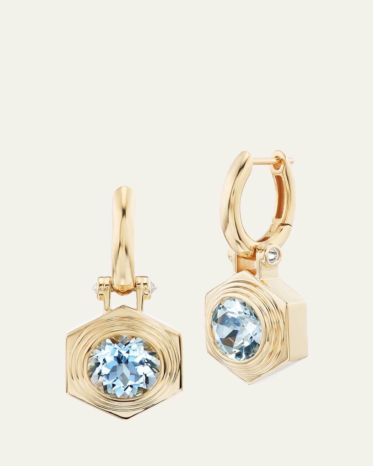Harwell Godfrey 18K Yellow Gold Hexed Drop Huggie Earrings with Diamonds and Aquamarine