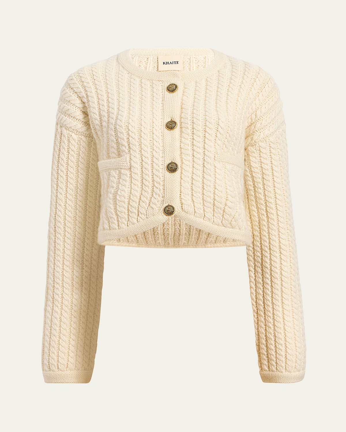 Shop Khaite Balser Cashmere Cable-knit Crop Cardigan In Cream