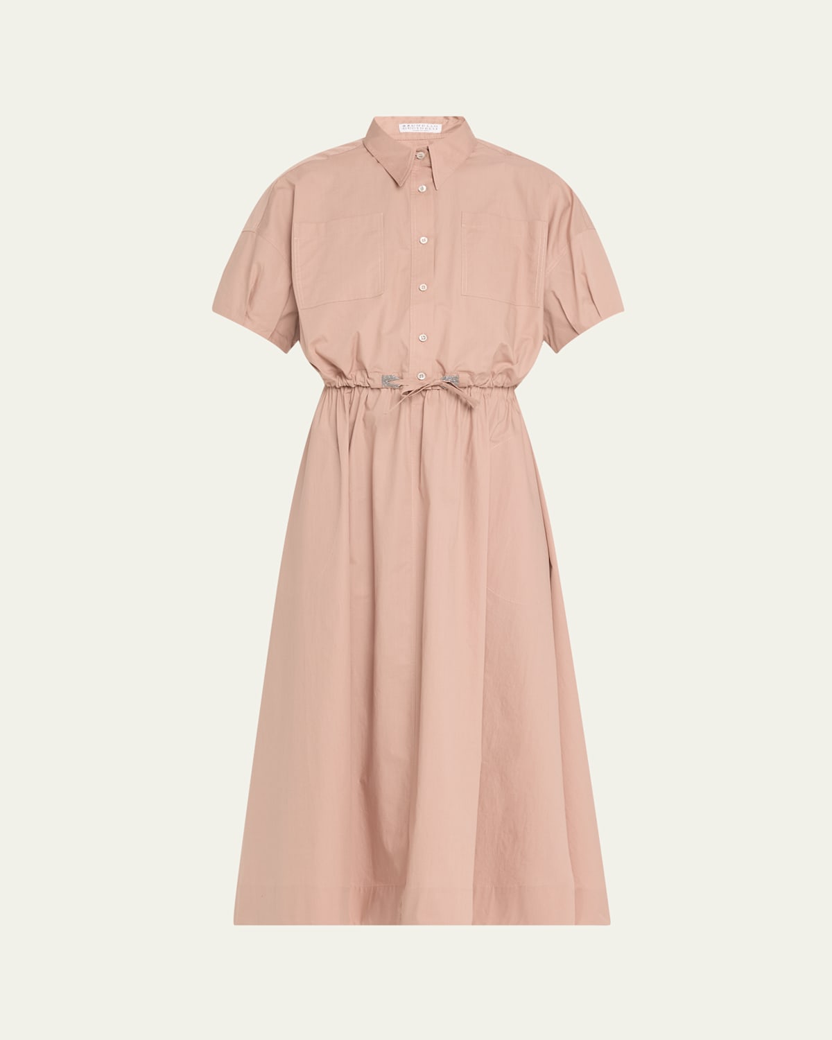 BRUNELLO CUCINELLI FIT-FLARE DRAWCORD POPLIN ASYMMETRIC MIDI SHIRTDRESS 