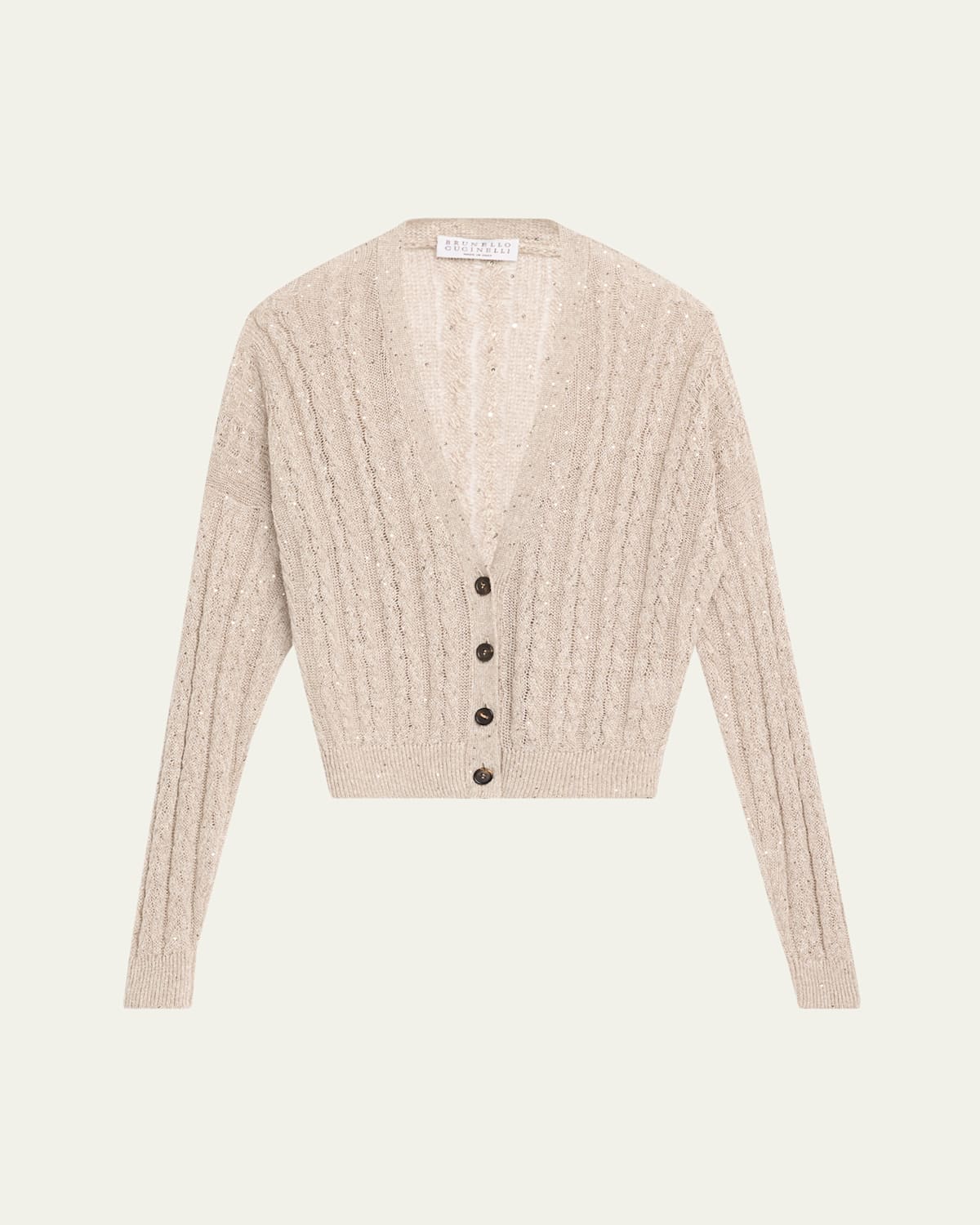 Brunello Cucinelli Linen Paillettes Cable-knit Cardigan In Beige Freddo
