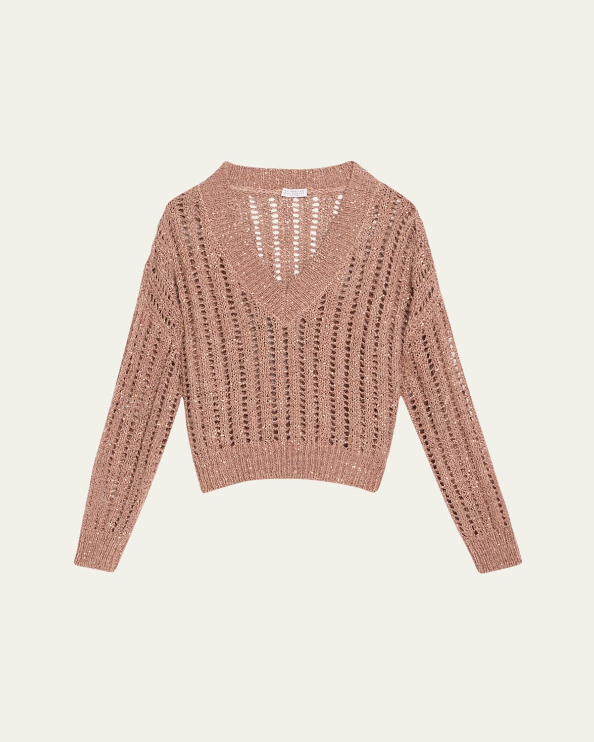 Brunello Cucinelli Paillette Open Work Ribbed V-neck Sweater In Brownie Rose
