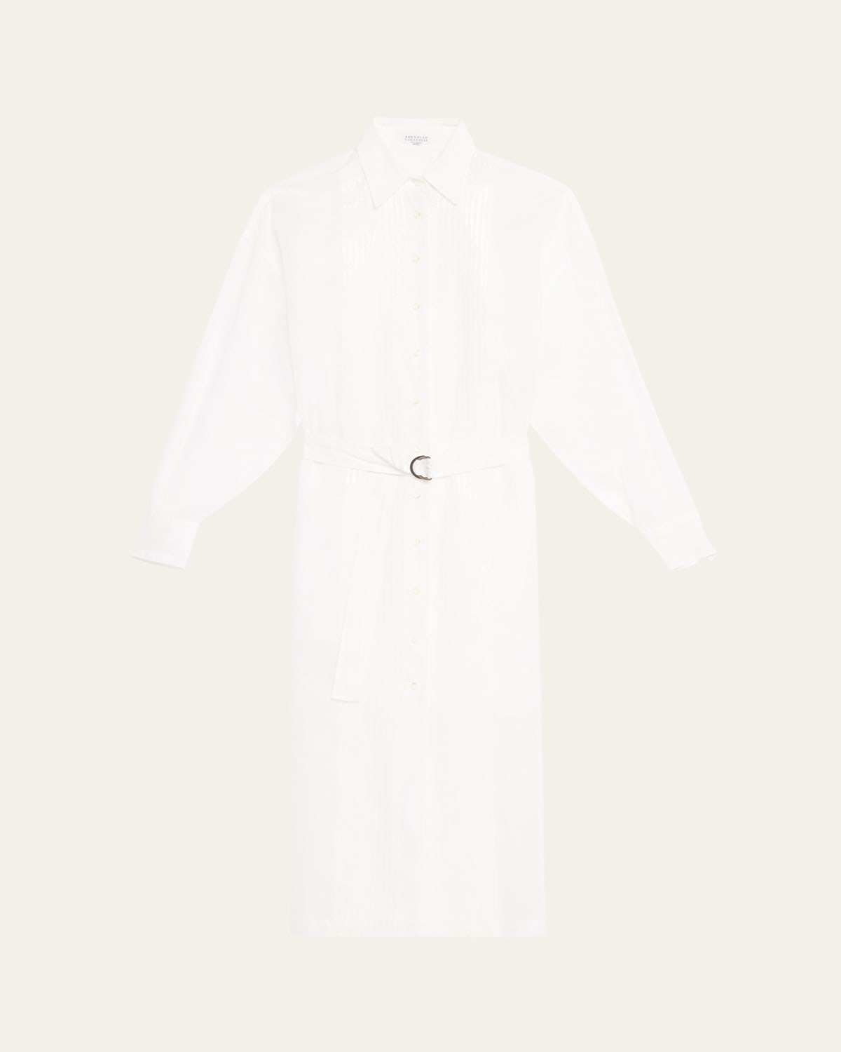 Shop Brunello Cucinelli Tuxedo Bib Long-sleeve Belted Organza Tunic Shirt In Bianco