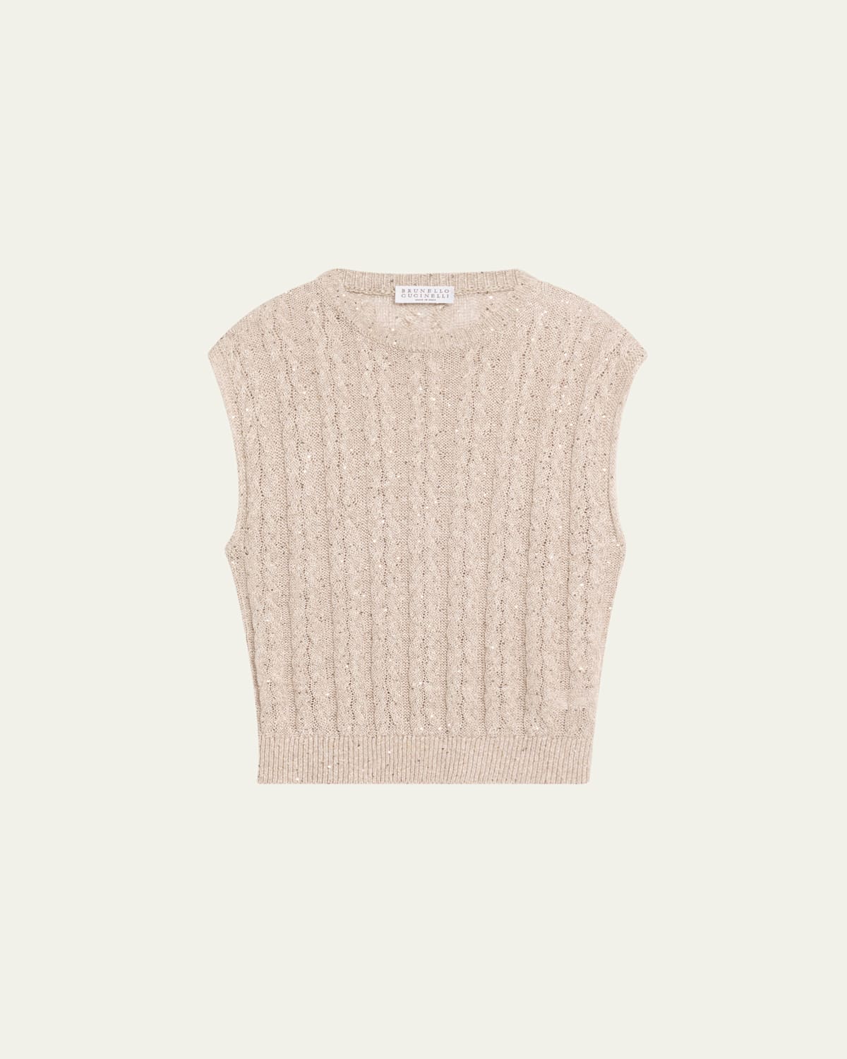 Brunello Cucinelli Linen Paillette Cable-knit Sleeveless Sweater In Beige Freddo