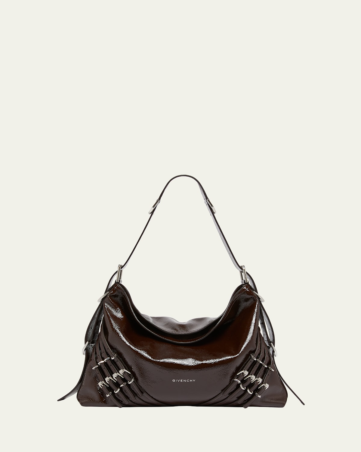 Givenchy Voyou Medium Buckle Shoulder Bag In Shiny Leather In Ebony Brown