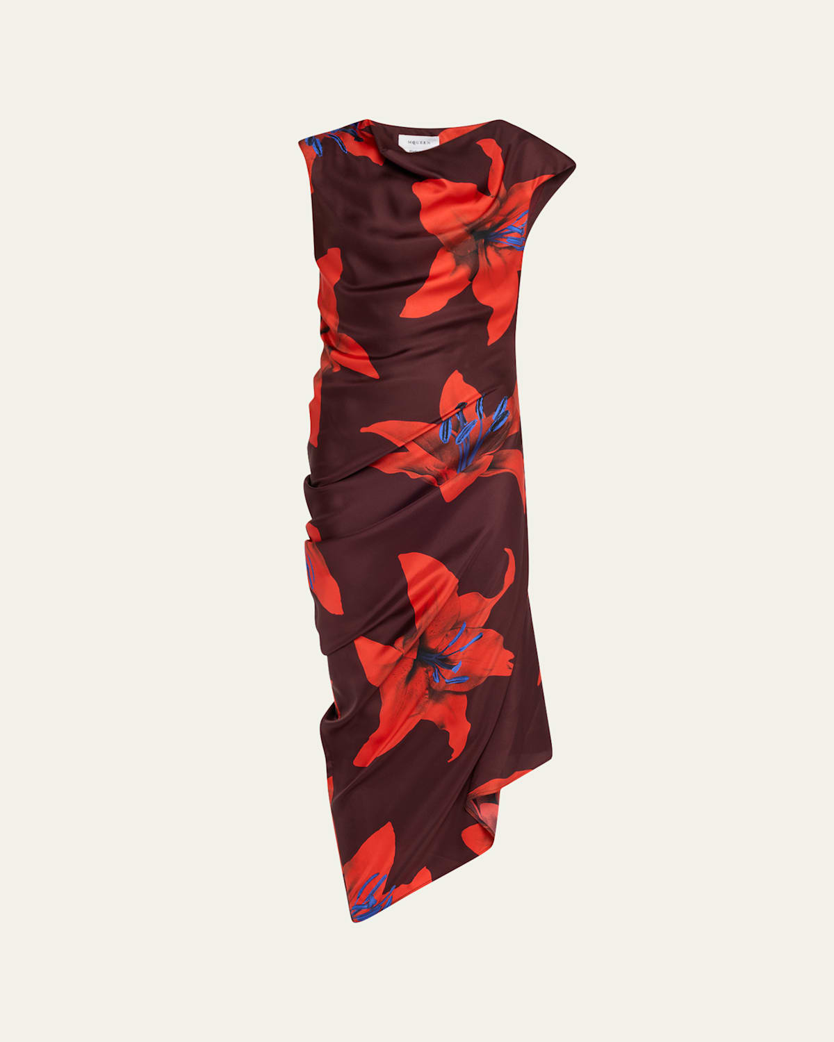 Alexander Mcqueen Lily-print Draped Short-sleeve Midi Dress In Ruby Red