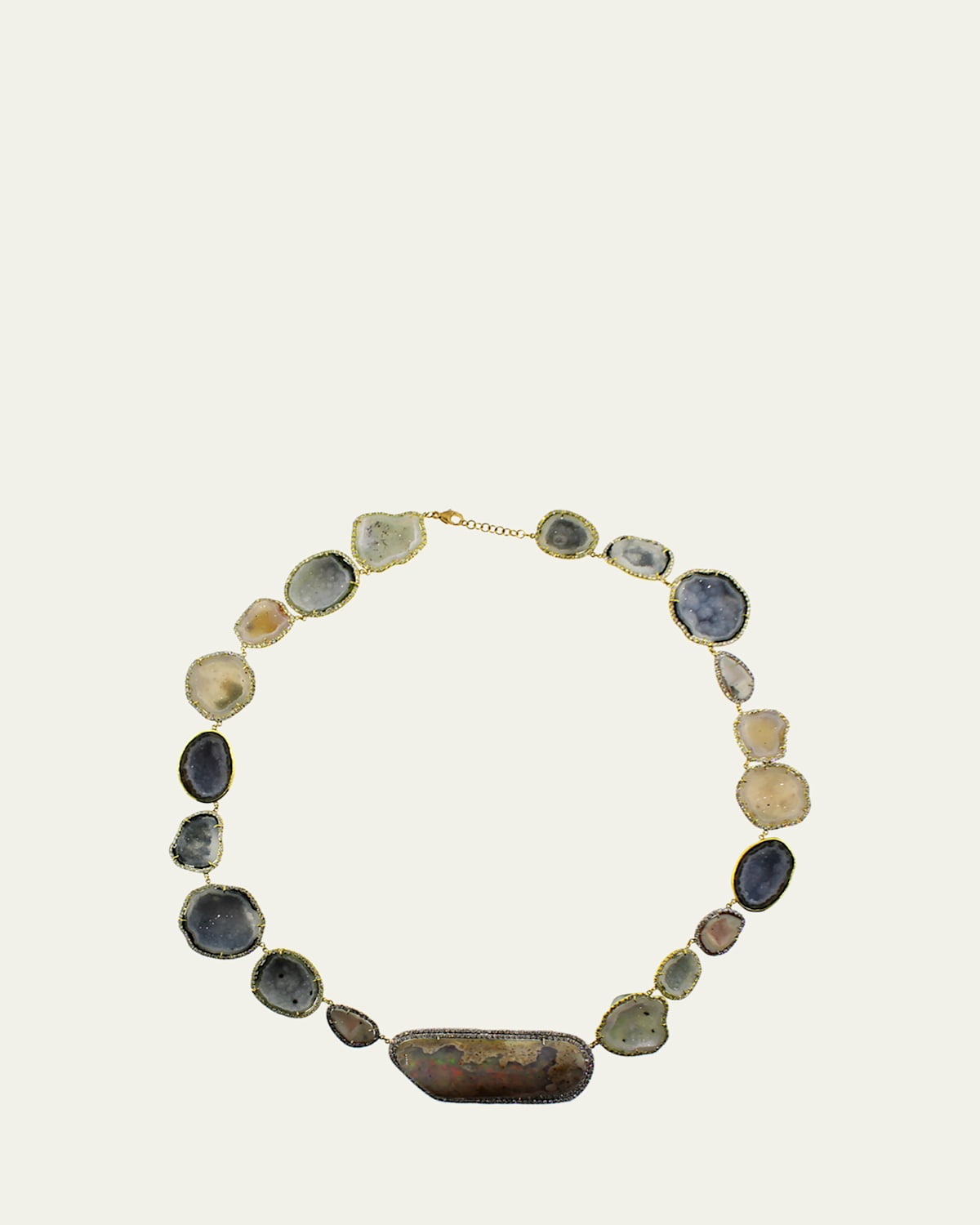 18K Gold Geode Necklace with Water Opal and Diamonds
