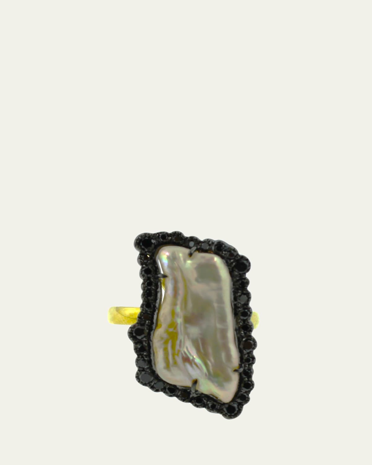 18K Gold Freshwater Pearl and Black Diamond Ring, Size 6