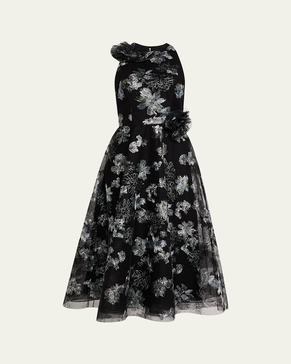 Metallic Floral-Embroidered Tulle Midi Dress