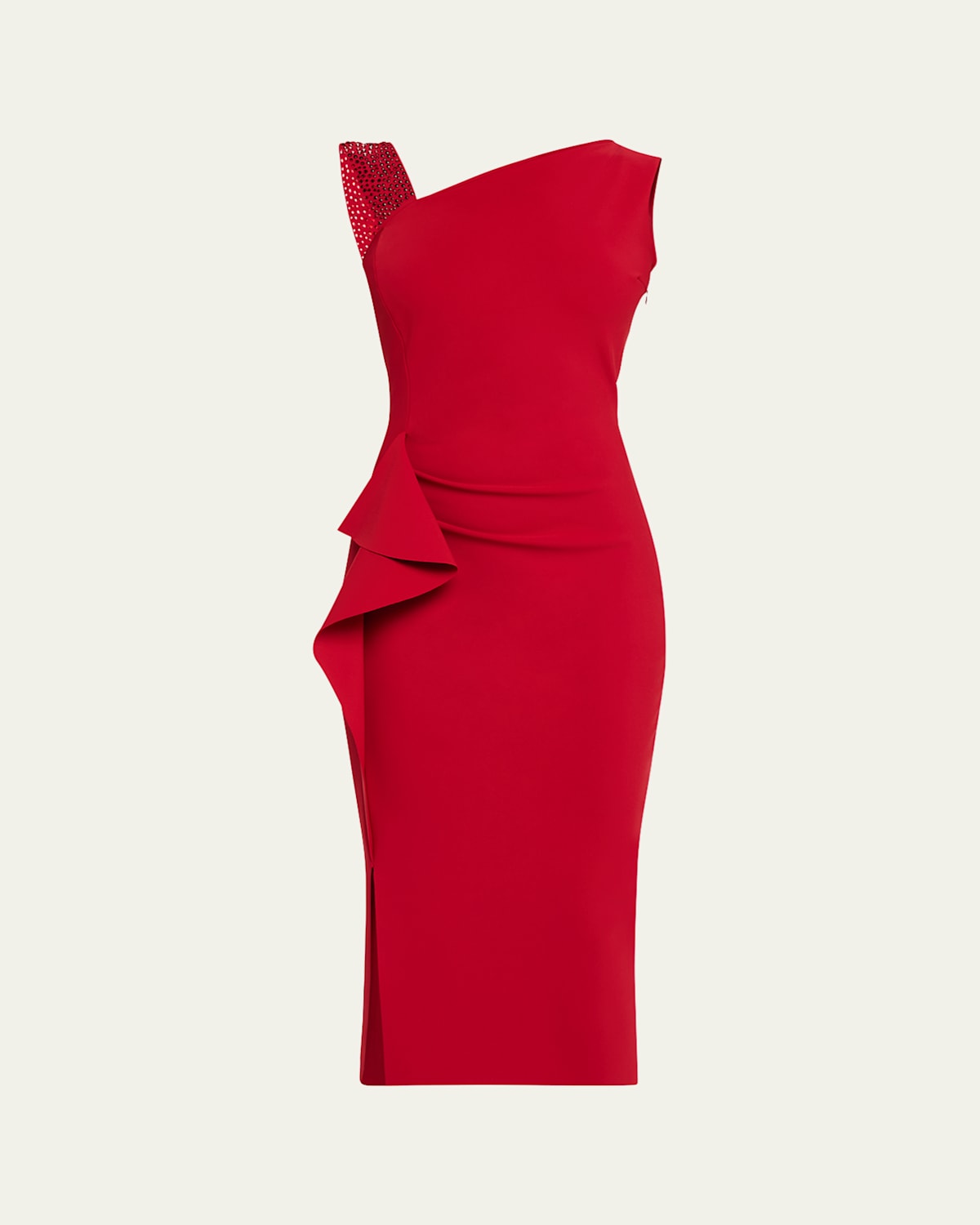 Asymmetric Rhinestone-Strap Bodycon Midi Dress