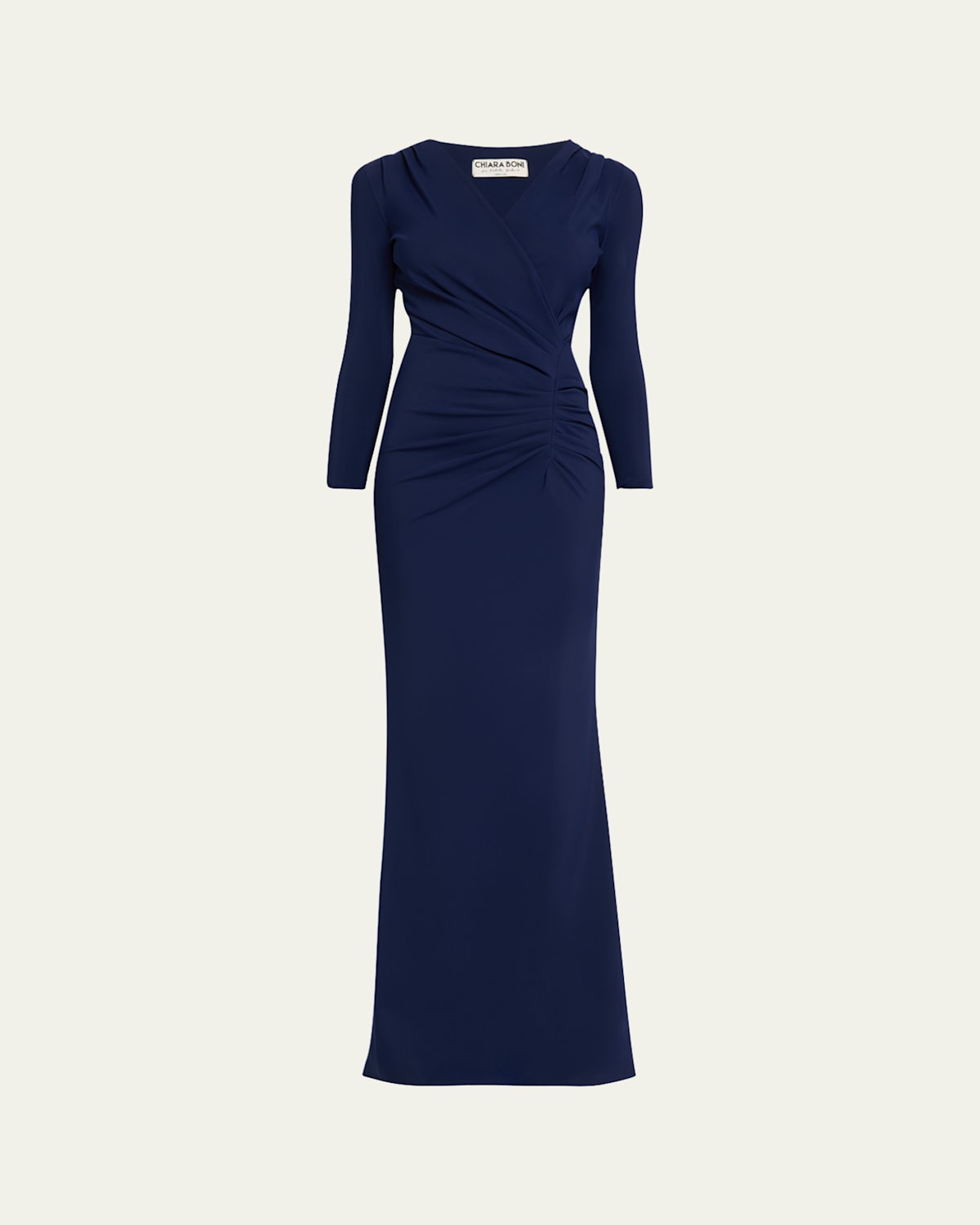 CHIARA BONI LA PETITE ROBE RUCHED 3/4-SLEEVE COLUMN GOWN 