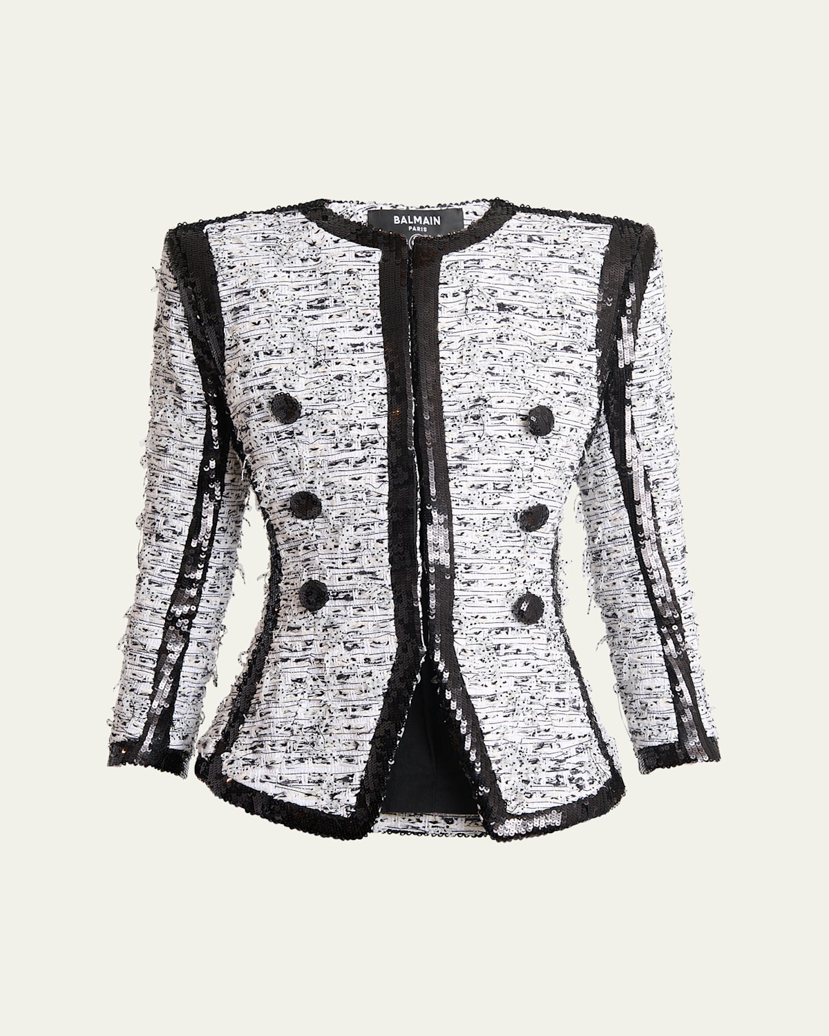 BALMAIN COLLARLESS RAW-EDGE SEQUINED BLAZER 
